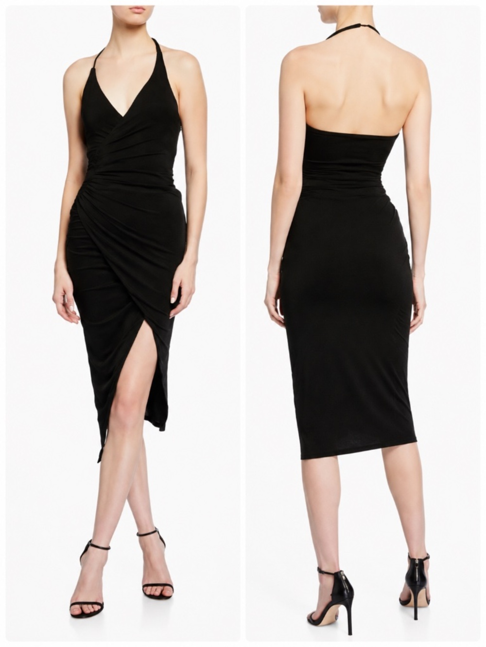 NWT MISHA Rima Black Ruched Halter Midi Cocktail Dress US 8